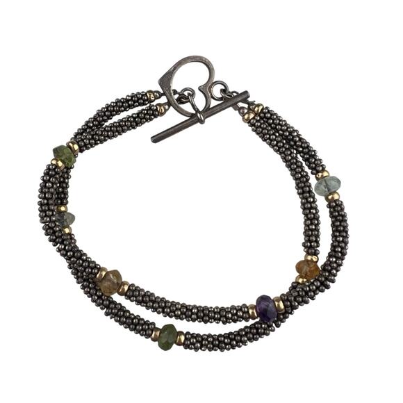 Gemstone Sterling Silver Bracelet Double Strand 7.25" Heart Toggle Clasp - Picture 1 of 7